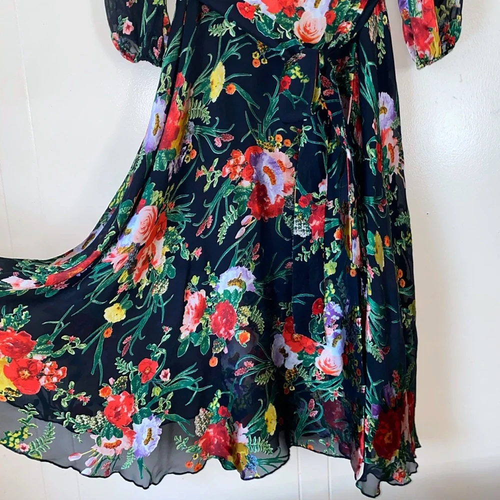 Alice + Olivia Abney Floral Black Red Collared Midi Dress - Picture 11 of 16